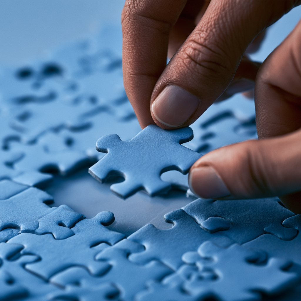 Hände setzen ein individuell geformtes Puzzleteil in eine bestehende Struktur aus verbundenen Teilen ein